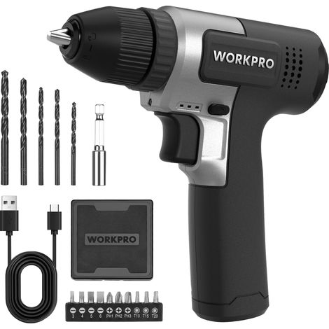 WORKPRO Kit de Perceuses Visseuse Sans Fil 8V Noir, Visseuse Devisseuse Sans Fil 2000mAh, Couple 12Nm, Mandrin de Perçage 10mm, LED Lumière, Kit d'Accessoires Complet, pour Réparation Maison DIY (1/5)