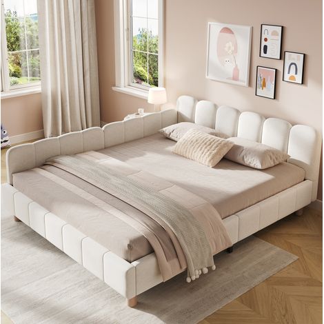Cama infantil 140x190 cm, con cabecero ergonómico, barras laterales, patas de madera de caucho, terciopelo beige (1/5)