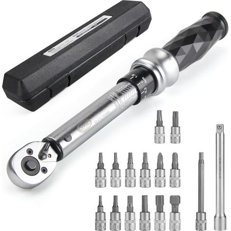 1/4" Drive Click Bicycle Torque Wrench Set 1-25 Nm - Bicycle Maintenance Tool Kit for Road/Mountain Bikes - Extended H5 Socket Bit Repair Set (1/5)