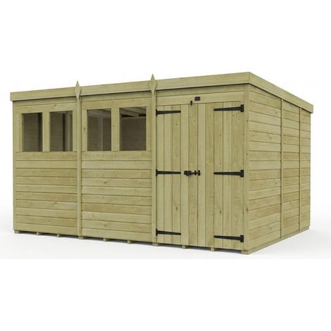 12ft x 9ft Pent Garden Shed Double Door With Windows - Pressure Treated Timber - L366 x W274 x H210 cm - Natural