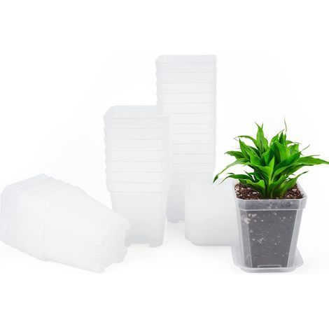 Lot de 24 mini pots de culture carrés en plastique épais de 7 cm avec soucoupe, petits pots de fleurs carrés en plastique transparent (1/5)