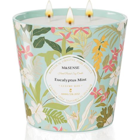 Grande bougie parfumée Eucalyptus Menthe 800g cire de soja 3 mèches pour pièces