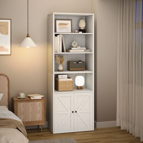 Bibliothèque 5 étages style farmhouse - Portes coulissantes verre - Rangement salon/bureau 180x80x30cm - blanc (1/5)