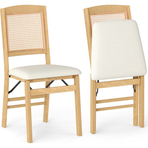 COSTWAY Folding Dining Chairs Set of 2 Rubber Wood with Linen Padded Seat Rattan Backrest Indoor Use, Brown (1/5)