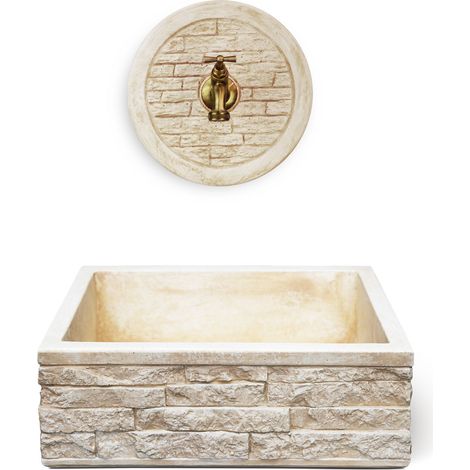 Lavello Rettangolare da Esterno 45x35 cm con Rosone Installazione a Muro in Cemento Mattone Faccia a Vista Meseta Nocciola (1/5)