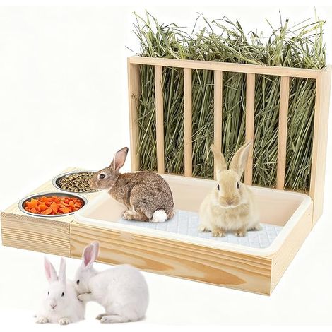 Wooden Hay Rack, Large Multifunctional Hay Rack with Toilet and Rabbit Hay Eater Bowl Grass Food Holder for Dwarf Rabbits Guinea Pig Hamsters (1/5)