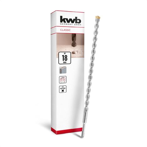 kwb SDS Plus Bohrer, SDS Plus Hammerbohrer (Ø 18 mm x 460/400 mm, mit extrem schneller Hartmetall 4X-Schneide, für armierten Beton, Stein & Mauerwerk) (1/5)