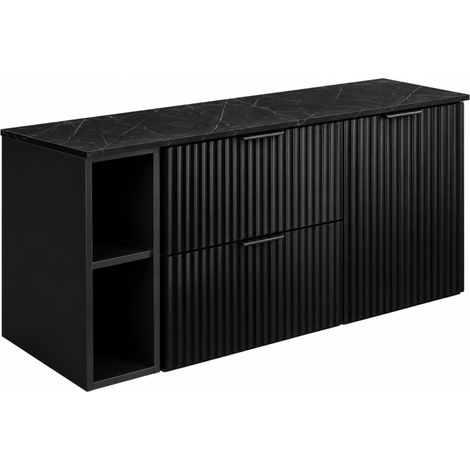 Ensemble de meubles de salle de bain, 2 tiroirs, 1 porte, fermeture douce, Noir / Plan Marbre Black Royal, poignées noires, 120 x 46 x 57 cm (1/5)