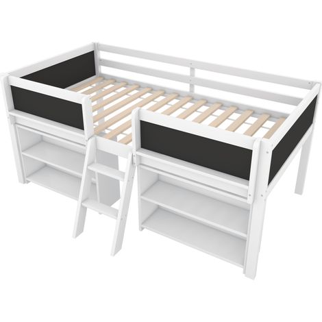 Letto a mezzanino per bambini 90 x 200 cm con vani contenitore, scala e sponde, pino e MDF, bianco (1/5)