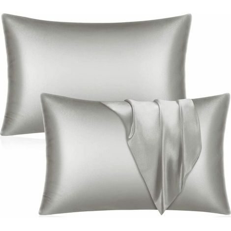 Lot de 2 taies d'oreiller en satin - Taie d'oreiller grise pour cheveux et peau Taille standard avec fermeture enveloppe, 51 x 76 cm (1/5)
