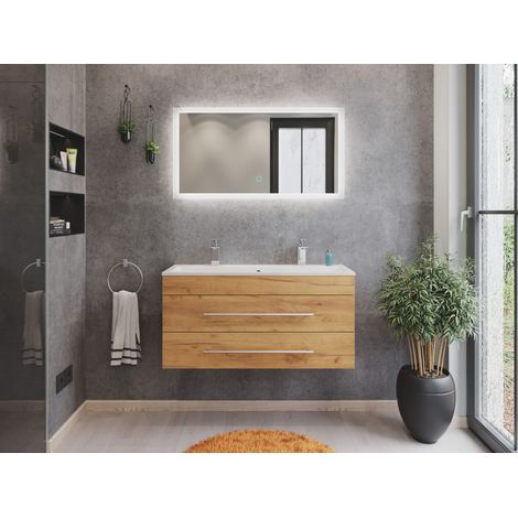 Badmöbel Mars 1000 2 Hahnlöcher 2-teilig mit LED Spiegel SlimLine eiche gold