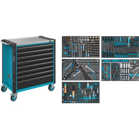 Werkstattwagen servante d'atelier Assistent ∙ mit Sortiment 179NXL-8/321 ∙ Tiroir, plat: 7 x 81 x 696 x 398 mm ∙ Tiroir, haut: 1 x 166 x 696 x 398 mm ∙ Nombre d'outils : 321 (1/4)