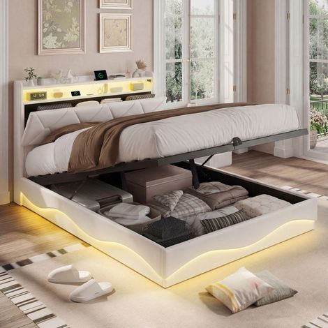 Bett 140x200 cm mit Stauraum und Lattenrost, LED und USB, Doppelbett 140x200 cm, 2 Personen, Beige Samt (1/5)