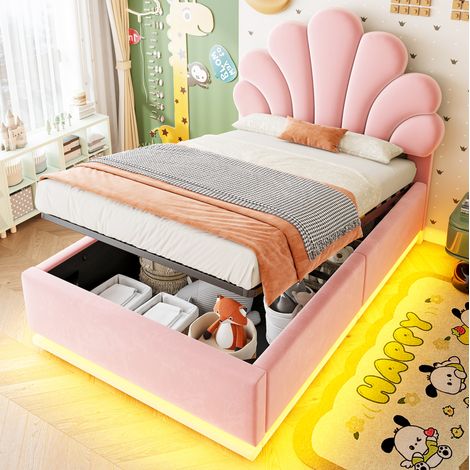 Cama con almacenaje 90x200 de terciopelo rosa con LED y cabecero floral OKMYHOME (1/5)