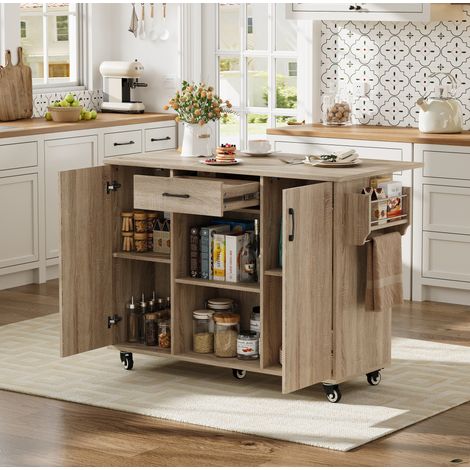 Isla de cocina móvil con tablero abatible de 120 cm, carrito de servicio MDF natural OKWISH (1/5)