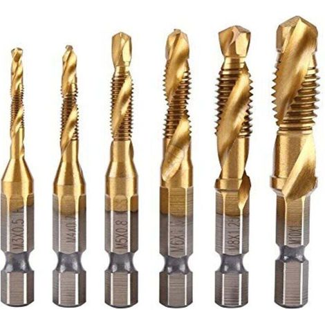 Lot de 6 tarauds filetés, foret taraud, filetage métrique M3-M10 avec revêtement en titane HSS et embouts de taraudage 1/4" queue hexagonale cannelée pour tarauder différents fils.