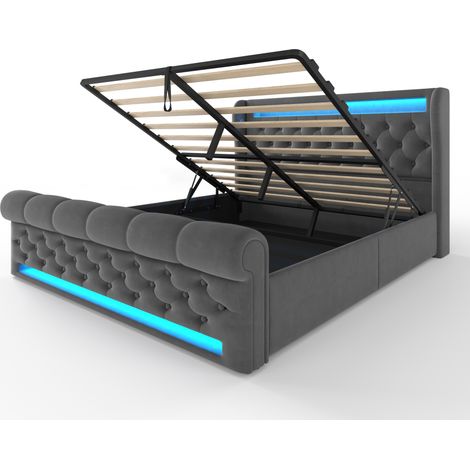 Letto contenitore 140 x 200 cm in velluto grigio con materasso, LED, USB e Type-C (1/5)