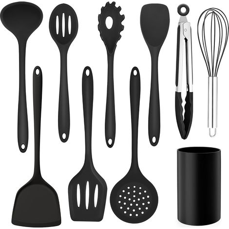 10-teiliges Küchenutensilien-Set aus Silikon, antihaftbeschichtete Pfannen und Küchenzubehör, mit Aufbewahrungsbox, komplettes Kochgeschirr, spülmaschinenfest, schwarz. (1/5)