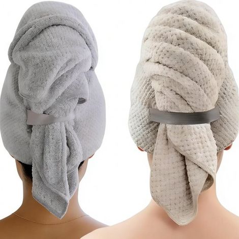 Enveloppe à cheveux en microfibre super absorbante, séchage rapide avec élastique, pour cheveux longs et bouclés, 67 x 100 cm, lot de 2, gris clair et kaki (1/5)