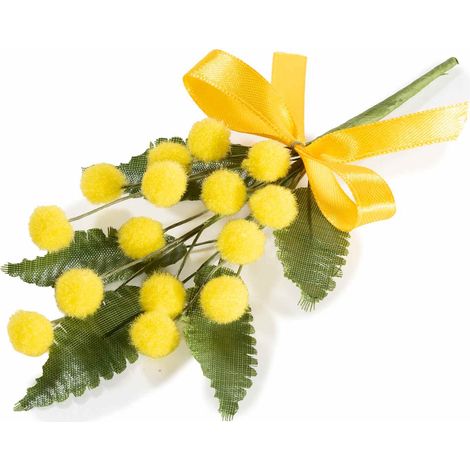 Mazzolino di mimosa artificiale con fiore lanoso e nastrino giallo, ideale per confezioni floreali, set da 30 pezzi, cm 10 H (con gambo 16)