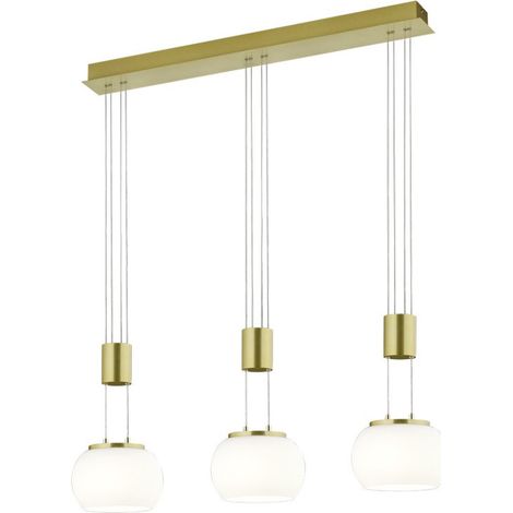 MADISON SOSPENSIONE LED 24W 2700lm, 3000K BARRA METALLO OTTONE E 3 VETRI SFERA BIANCHI CON REGOLAZIONE ALTEZZA CON CONTRAPPESO E DIMMERAZIONE INTENSITA' CON NORMALE INTERRUTTORE A PARETE L. 82CM (1/2)