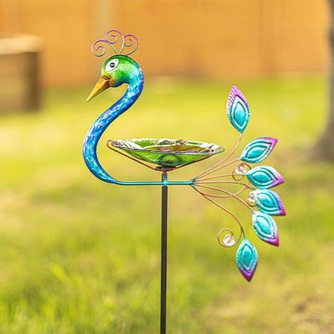 Peacock Glass Birdbath Feeder Garden Feeder Colourful Glass Hand Painted Exotic Bird Bath or Feeding Station, Easy to Assemble (1/5)