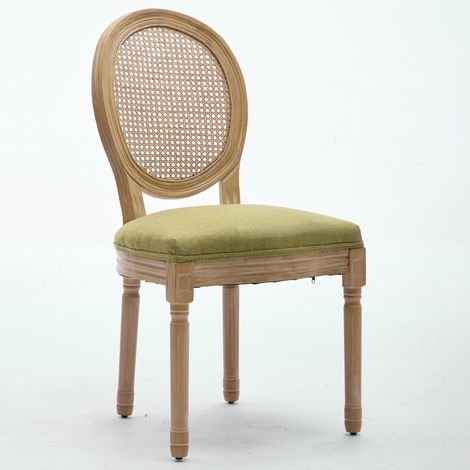 Lot de 2 chaises de bistrot en bois massif, assise lin vert olive, dossier cannage rotin, style champêtre français, salle à manger, DE1843OL (1/5)