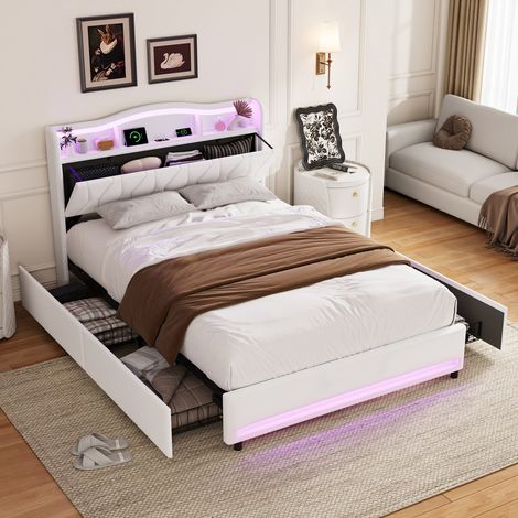 Lit 160 x 200 cm avec tête de lit et sommier à lattes, lit 2 Personnes avec 4 tiroirs, LED et ports USB, cadre de lit, velours beige (1/5)