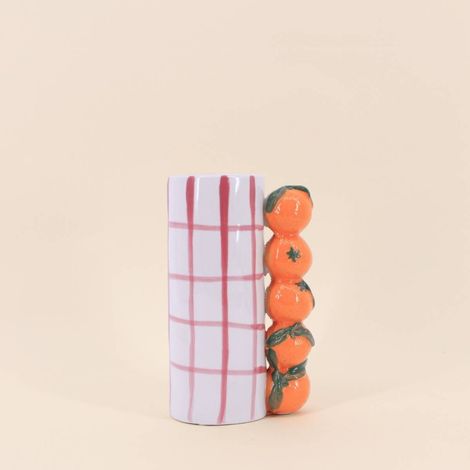 Vase quadrillé rose, et mandarines en relief, H18cm
