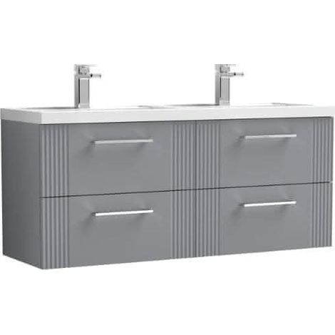Nuie Deco Satin Grey 1200mm Wall Hung 4 Drawer Vanity Unit and Double Polymarble Basins - DPF293C (1/4)