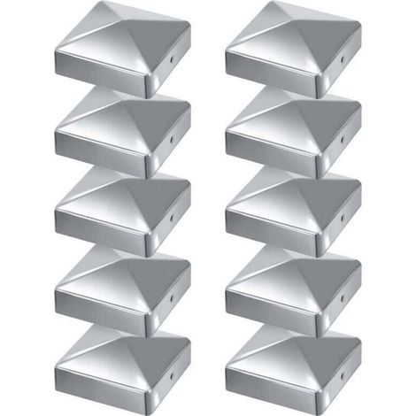 Chapeaux de poteau pyramidaux en acier galvanisé – 10 pièces, 100 x 100 mm, finition argentée