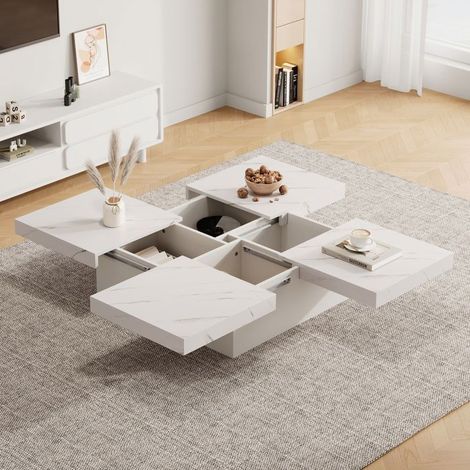 Table Basse avec Rangement 90 x 90 x 25 cm à effet marbre quatre tiroirs plateau coulissant charge maximale 30 kg (1/5)