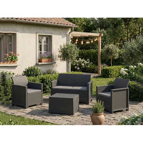Dmora - Loungeset für draußen Orillia, Outdoor-Lounge mit Couchtisch, Terrassenset mit Kissen, 113x65 h74 cm, Anthrazit (1/5)