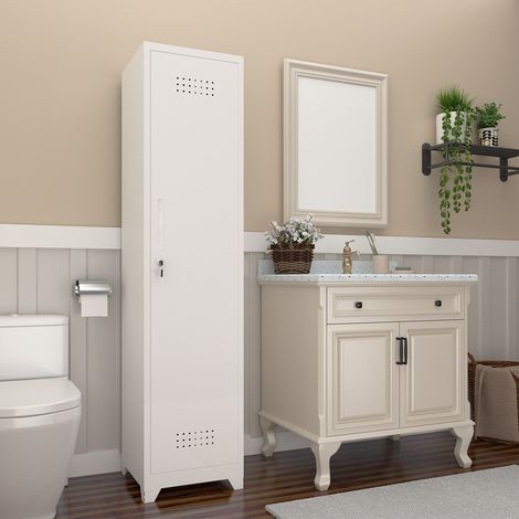 Armoire de rangement métallique blanche, porte verrouillable, 165 x 40 x 40 cm OKMYHOME (1/5)