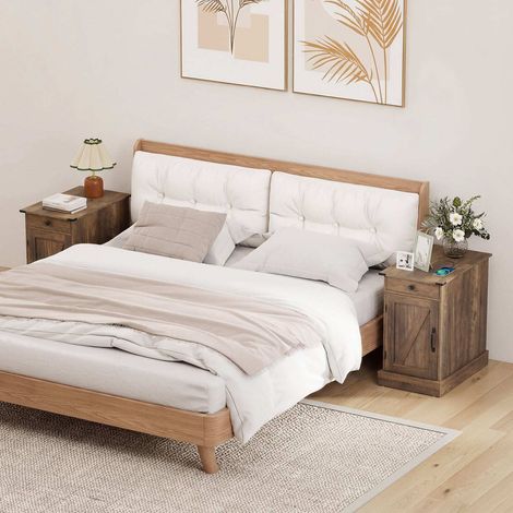 Lot de 2 tables de chevet marron rustique en bois avec station de recharge, tiroir et rangement rabattable pour chambre et salon (1/5)