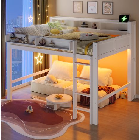 Cama alta moderna de madera blanca 140x200 cm con escritorio, 3 armarios, LED y escalera integrada