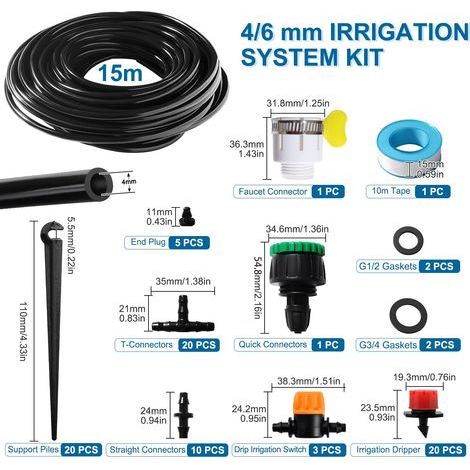 VooGenzek 86 Pièces 4/6 mm Kit d'irrigation Goutte, 15m Tuyau d'irrigation, Systeme Irrigation, avec Raccords Cannelés Droits, Connecteurs en T, Bouchons d'extrémité, pour Jardin, Plantes (1/4)
