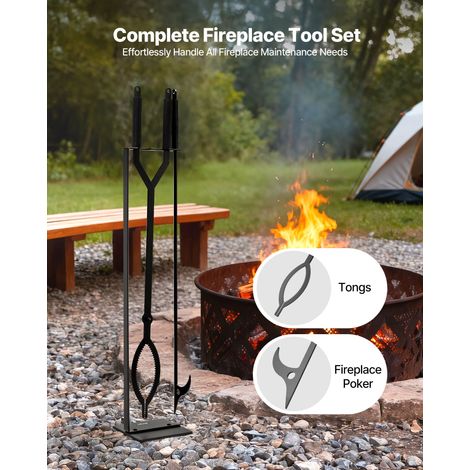 Ensemble d'outils de cheminée, 3 pièces, ensemble serviteur de cheminée avec support, pince, tisonnier, en fer forgé, pour feu de c… (1/5)