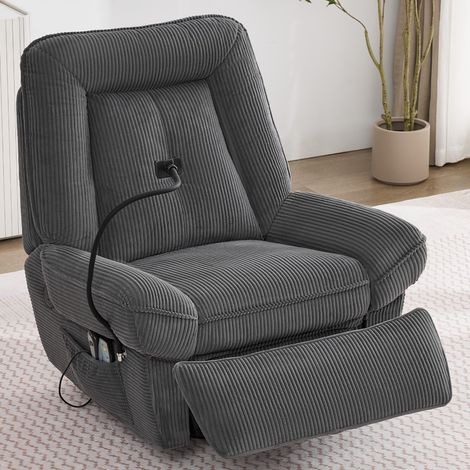 Fauteuil TV électrique inclinable, fauteuil de massage avec fonction massage et chauffage, fauteuil pivotant 360°, fauteuil à bascule pour salon, port USB avec support pour téléphone, gris