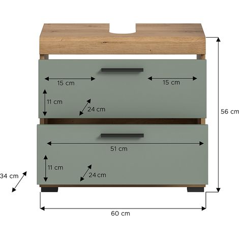 Badezimmer Waschbeckenunterschrank, 60 cm breit, in Artisan Eiche mit Salbei - SIROCO-158