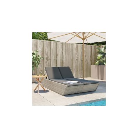 Chaise longue double avec coussins gris clair résine tressée (1/5)
