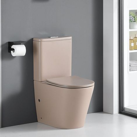 Stano. – Toilette WC à poser beige mat – Céramique Rimless hygiénique – Abattant Soft Close – Mécanisme double chasse 6/3L