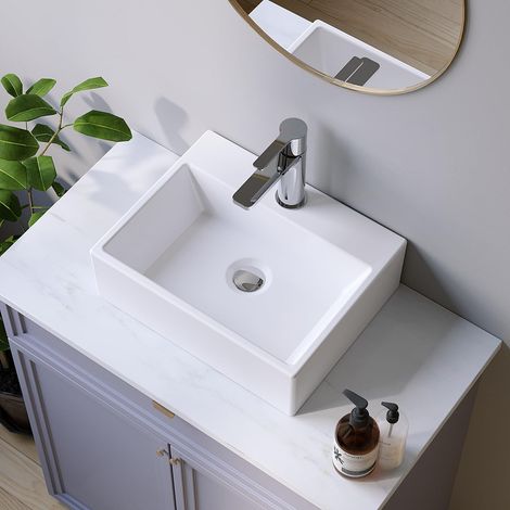 AQUABATOS Aufsatzwaschbecken Waschbecken Keramik Waschtisch Handwaschbecken, mit Hahnloch, Ohne Überlauf, Ohne wasserhahn, Ohne ablaufventil, Weiß, Eckig 385 x 305 x 120 mm (1/5)