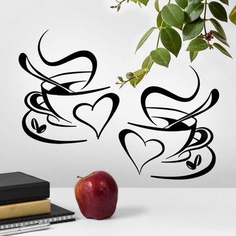 Lot de 2 stickers muraux motif tasse pour la cuisine, citation d'amour en vinyle pour la décoration de pub