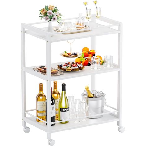 Chariot de Bar Blanc, Desserte pour Boissons, Chariot de Service à 3 Niveaux sur roulettes, Chariot de Cuisine Roulant pour la fête à la Maison (1/5)