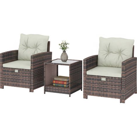 Ensemble de jardin rotin 5 pièces : 2 chaises avec coussins, tabourets, table et coffre de rangement, blanc crème