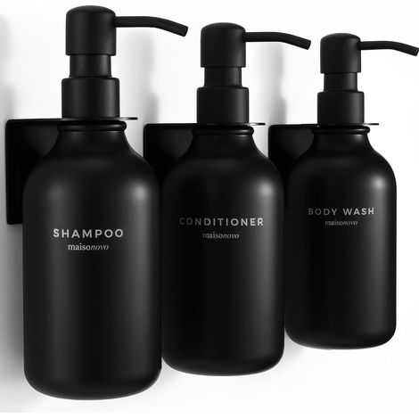 Distributeur Savon Mural sans Percage Lot De 3-500ml Noire Distributeur Shampoing Et Gel Douche avec Pompes Noire - Fixation Sécurisée (1/5)