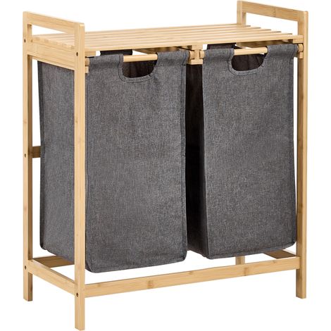 Mueble de baño de bambú con cestas para la ropa sucia de tela gris y estante marrón claro Azufrera (1/5)