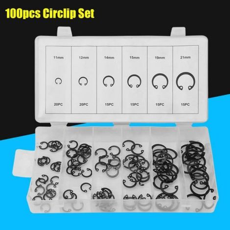 100 Circlips, Acier A3, 6 Tailles 11mm-21mm, Mécanique, Boîte Plastique (1/4)