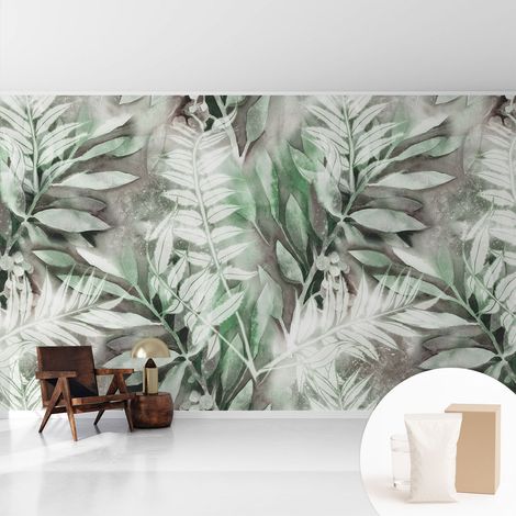 Papier peint intissé avec imprimé pour intérieur moderne application facile a motif - Colle incluse gratuite Feuilles aquarellées 416x254 cm (1/5)